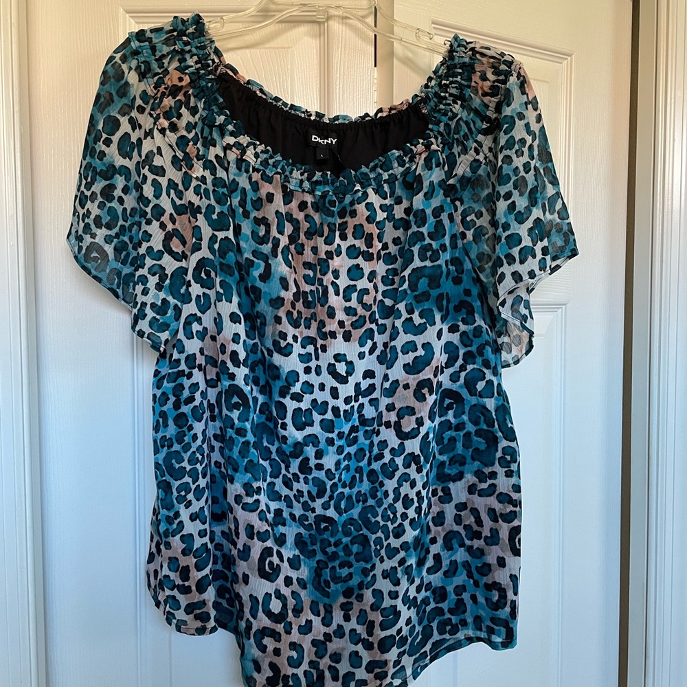 DKNY Teal and Black Leopard Print Blouse